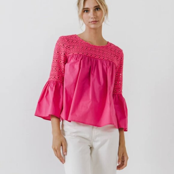 Endless Rose Tops - Endless Rose Barbie Pink M  Lace Poplin Bell Sleeve Blouse Shirt NWT